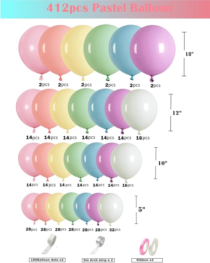 Pastel Rainbow Balloon Garland Arch Kit, 412 Pcs – Macaron Assorted Colors Latex Balloons in 4 Sizes for Baby Shower, Birthday & Wedding Decorations