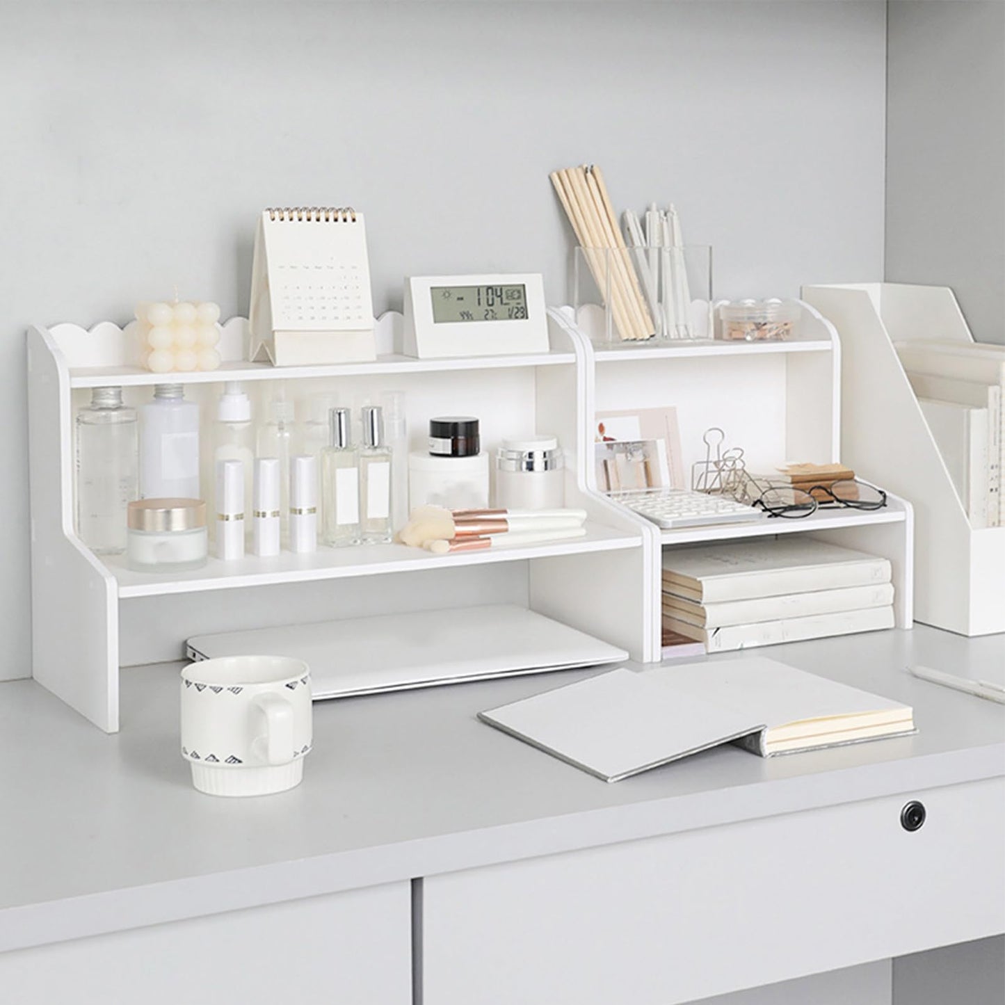 BTSEURY Desktop Wood Display Shelf, Wood Desktop Storage Rack, Desk Multi Layer Storage Rack Mini Bookshelf Cosmetics Organizer (M(315 X 180mm / 12.4 X 7.09in))