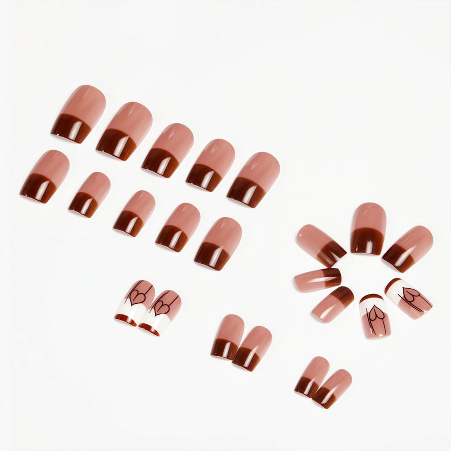 French Tip Press on Nails Square Medium Fake Nails with Love White Lines Designs Glossy Nails Press ons Brown Full Cover Glue on Nails Fall Acrylic Artificial Stick on Nails for Women 24Pcs