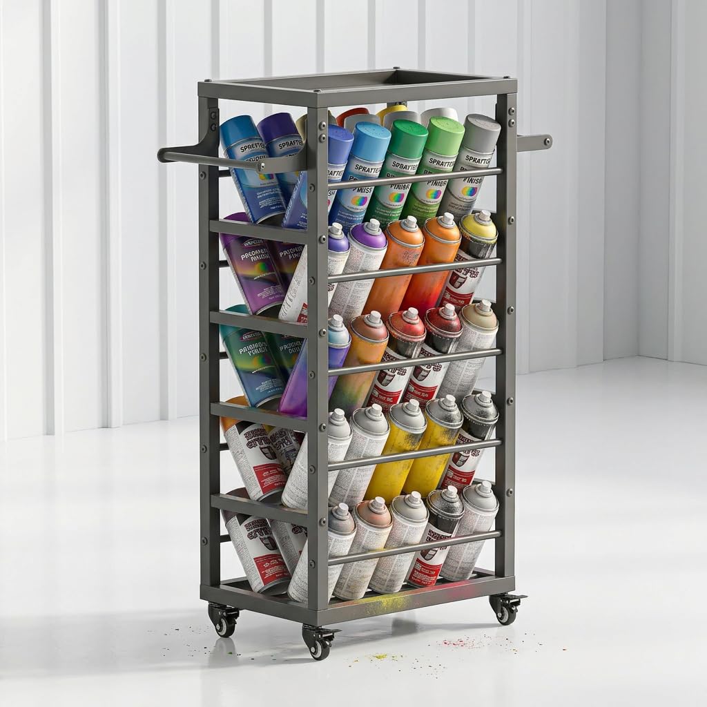 FOREVEROU 50 Can Spray Paint Rack Organizer, Large Capacity Rolling Spray Paint Storage Cart, Metal Aerosol Can Holder for Garage, Auto Shop, Craft Room & Home Mobile Organization