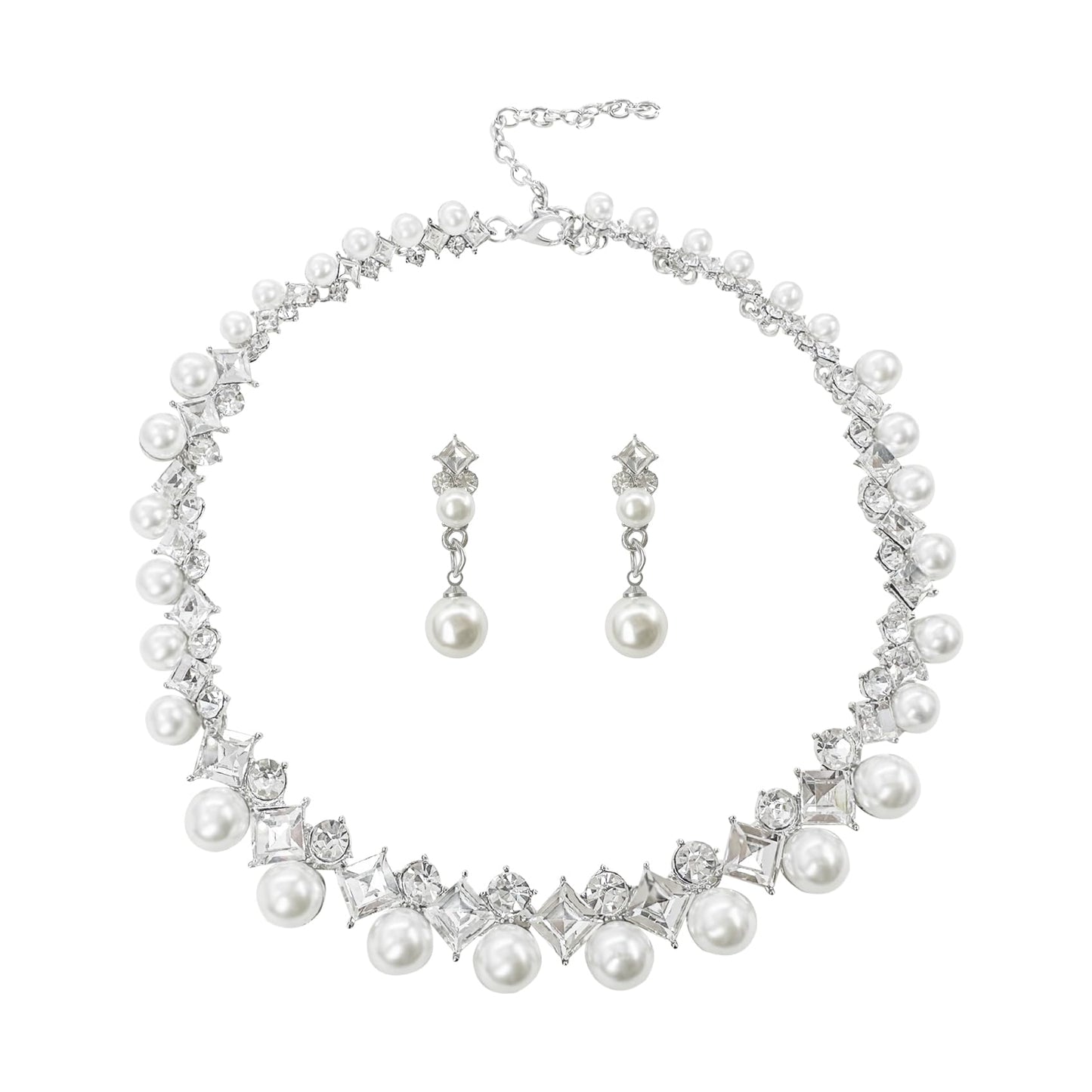 Ailunor Pearl Jewelry Set: 14K Gold/Silver Plated Pearl Drop Earrings, Bracelets & Choker Necklace - Wedding Bridal Gift (2pcs Silver)