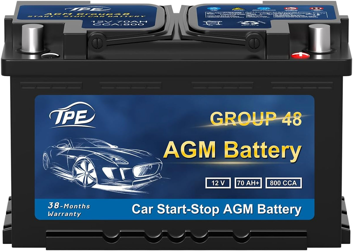 TPE AGM Battery BCI Group 48, Maintenance Free 12V 70Ah, H6 Size, 120RC, 800CCA, Automotive Battery, Reliable Performance for Cars Lead-Acid