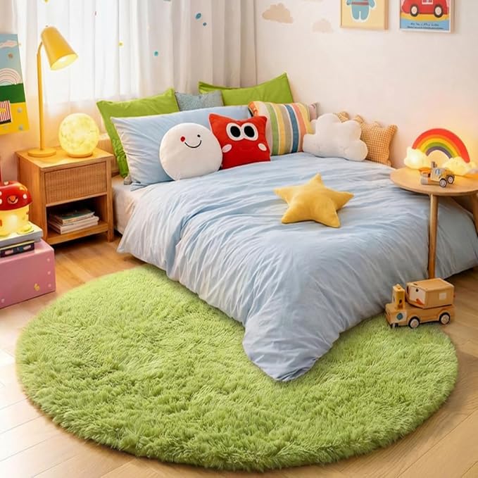 Amdrebio Grass Green Round Rugs 6Ft for Living Room Bedroom Decor Aesthetic, Large Fluffy Shaggy Circle Area Rug for Kids Playroom Baby Nursery, Big Soft Shag Fuzzy Modern Cool Floor Circular Carpet