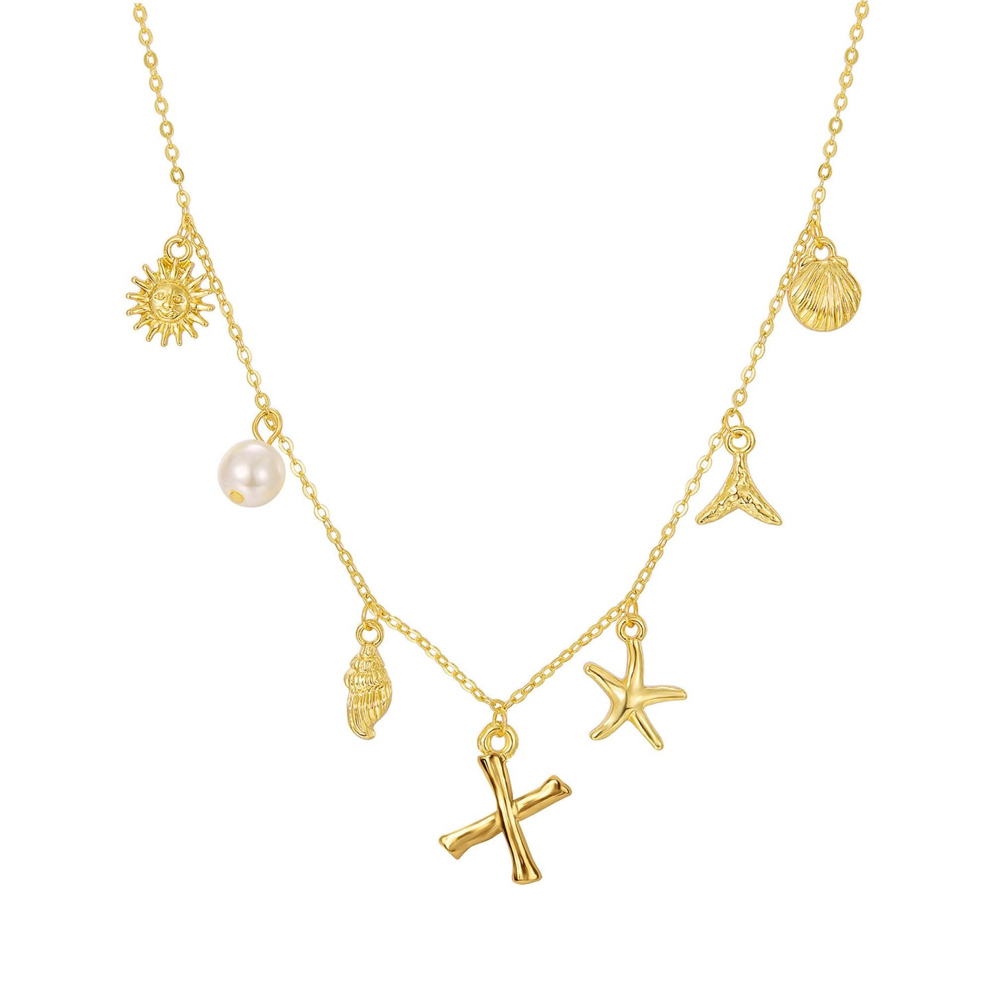 JALZEMPL Initial Charm Necklace For Women Shell Seashell Summer Beach Letter 14K Gold Plated Pendant Starfish Surfer Boho Jewelry Gifts (X)