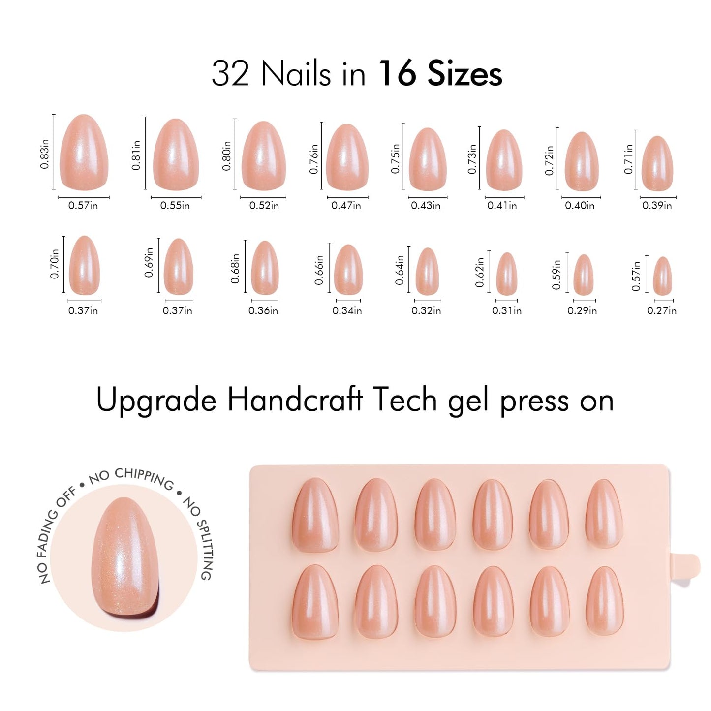 VSALON Short Almond Press On Nails, Pink Shimmer Neutral Fake Nails With UV Cure Glue, Glossy Glazed Opaque Spring Summer Stick On Nails False Nails - 32 Pcs 16 Sizes