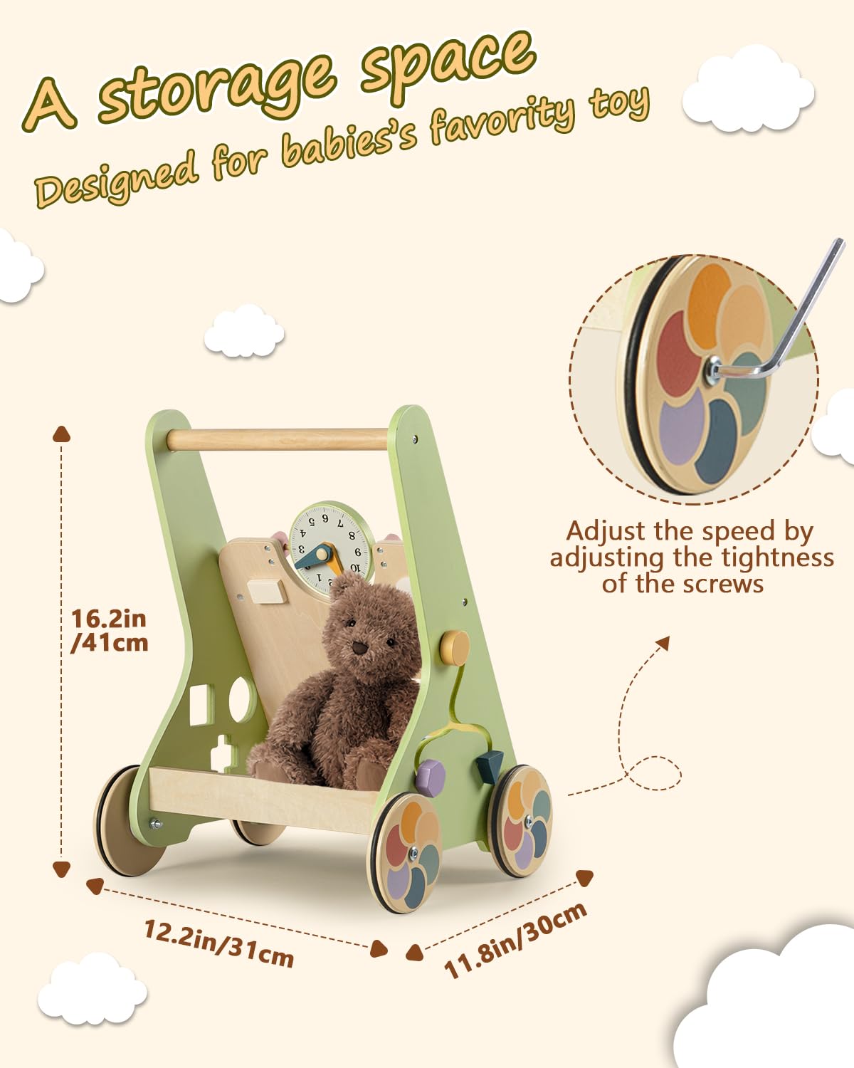 Wooden Baby Walker with Wheels, Push Walker for Baby Boy 12 Months, Baby Activity Center Sit to Stand Walker Small Size