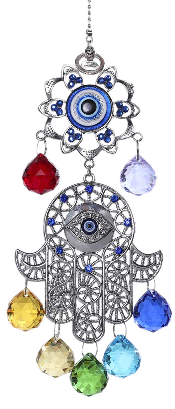 Hamsa Hand with Blue Evil Eye Protection Hanging Crystal Ornament with Chakra Energy Crystal Balls