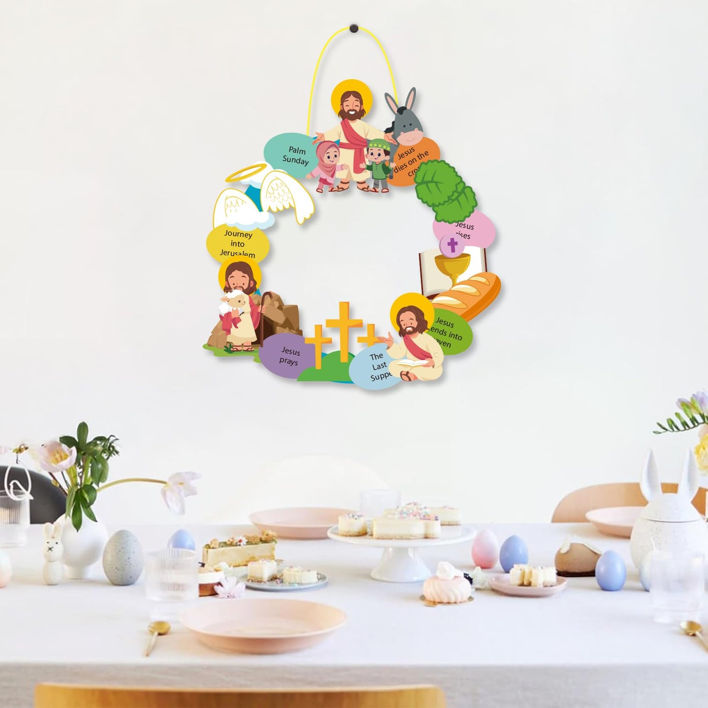 PAIVSUN 12Pcs Easter Wreath Craft Kits, DIY Holy Week Christian Wreath Hanging Ornaments, Make Your Own Religious Paper Arts Craft for Sunday Party Favors Home Activities Front Door Decor