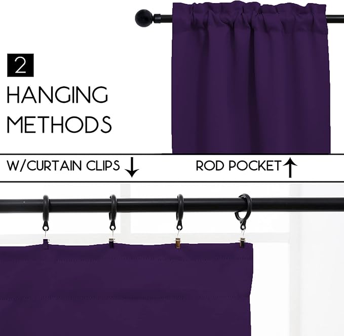 Pickluc Cafe Half Window Curtain, 30 Inches Length, Rod Pocket Small Kitchen Blackout Curtain, 30" Wide and 30" Long, Purple 2 Panels