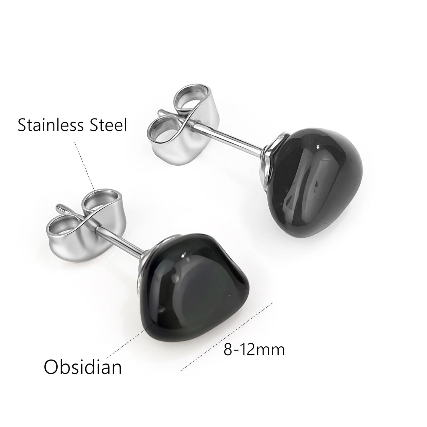 Obsidian Earrings, Healing Crystal Black Onyx Earrings with Hypoallergenic Stainless Steel, 8-12MM Natural Stone Black Stud Earrings for Women Men (Obsidian)