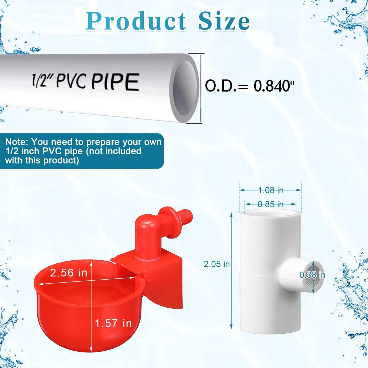 Tiangrid Complete Set Pipeline Automatic Poultry Nipple Waterer, 1/2" PVC Tee Fittings and Other Parts for Chicken, Turkey, Duck, Pigeon, Quail Feeding and Watering