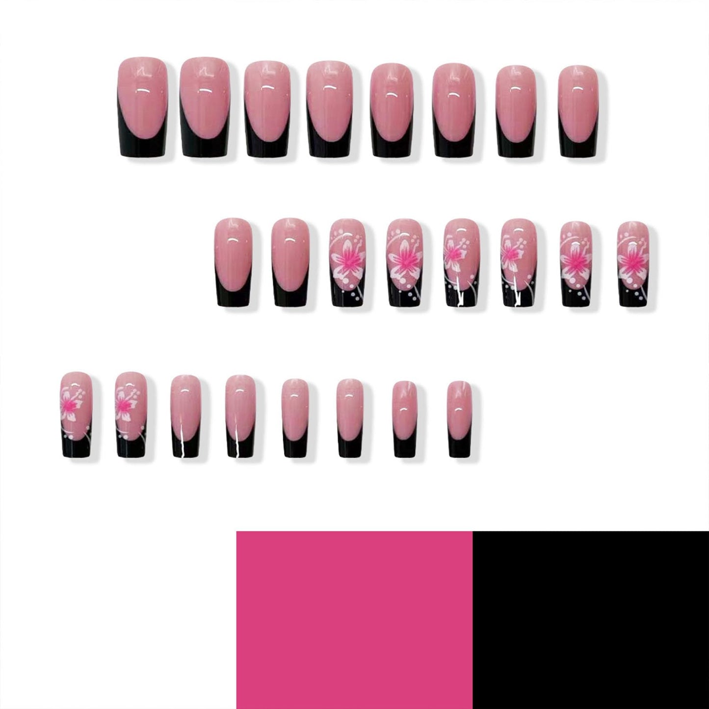 IMSOHOT Medium Press on Nails Square Black French Tips Fake Nails Artificial Full Cover Pink Flower False Nails Reusable Gel Nail Kit Glossy Glue on Nails for Women Girls 24Pcs, Purple