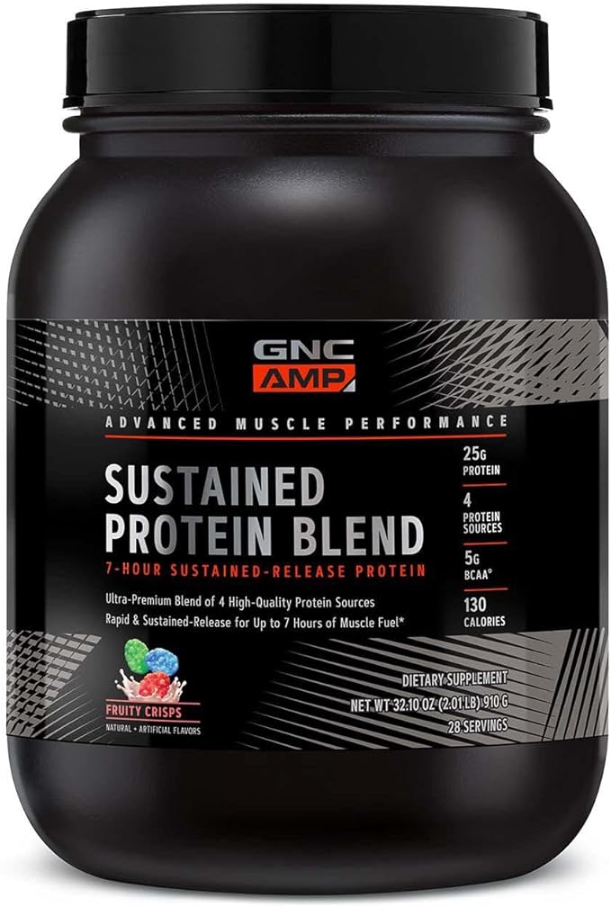 GNC AMP Sustained Protein Blend | Targeted Muscle Building and Exercise Formula | 4 Protein Sources with Rapid & Sustained Release | Gluten Free | Fruity Crisps | 28 Servings