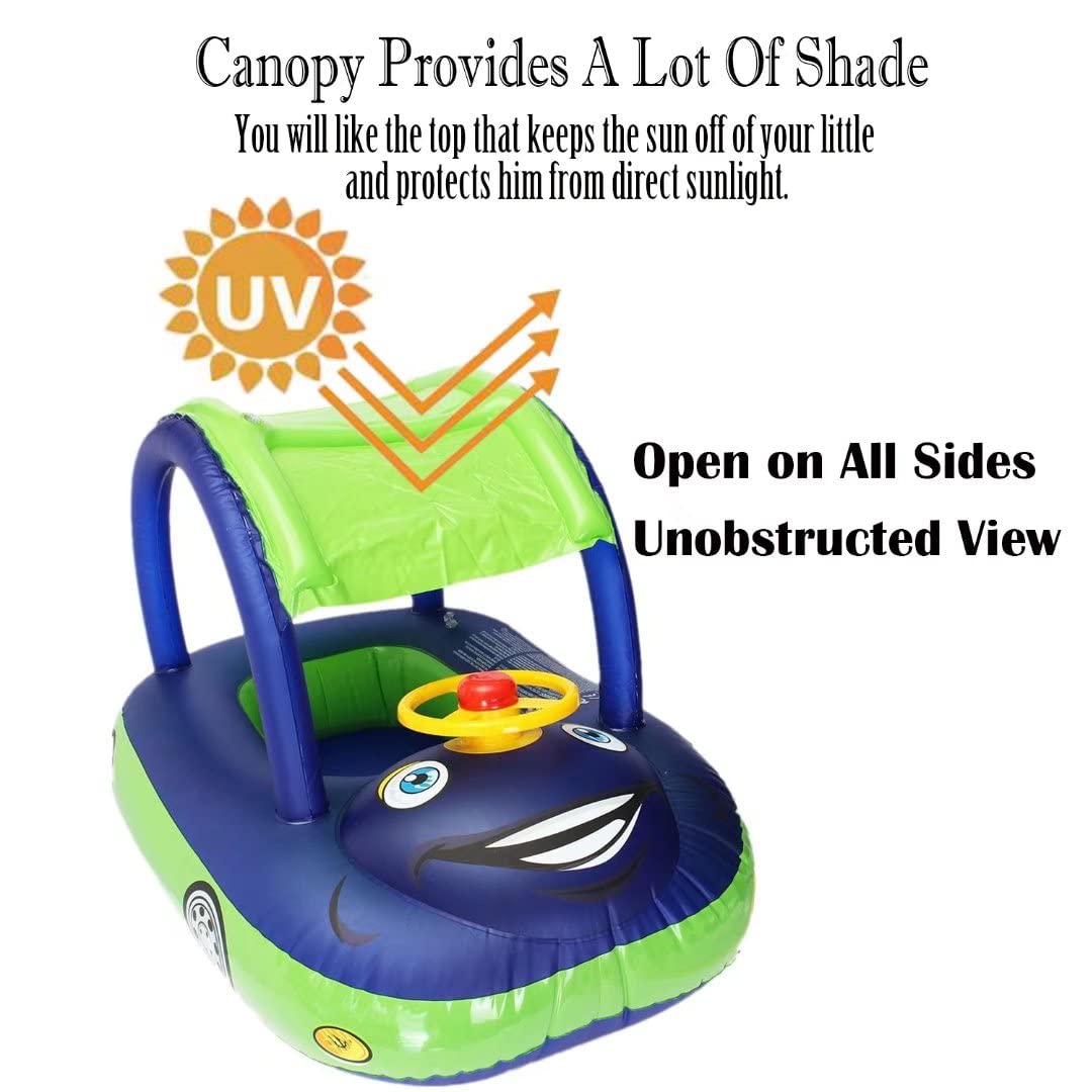 baby pool float with canopy Summer Steering Wheel Sunshade Swim Ring Car Inflatable toys infants Float Seat Boat for kids toddlers(Color blue)