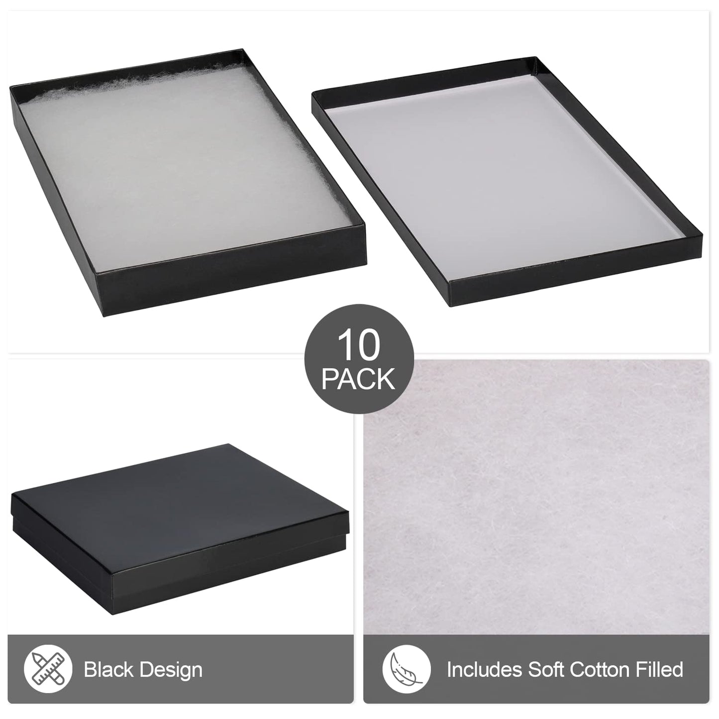 Cardboard Jewelry Boxes 10 Pack - 6"x5"x1" Bulk Cotton Filled Small Gift Boxes with Lids for Jewelry Packaging - Jewelry Gift Boxes for Shipping, Small Business, Accessories (Black)