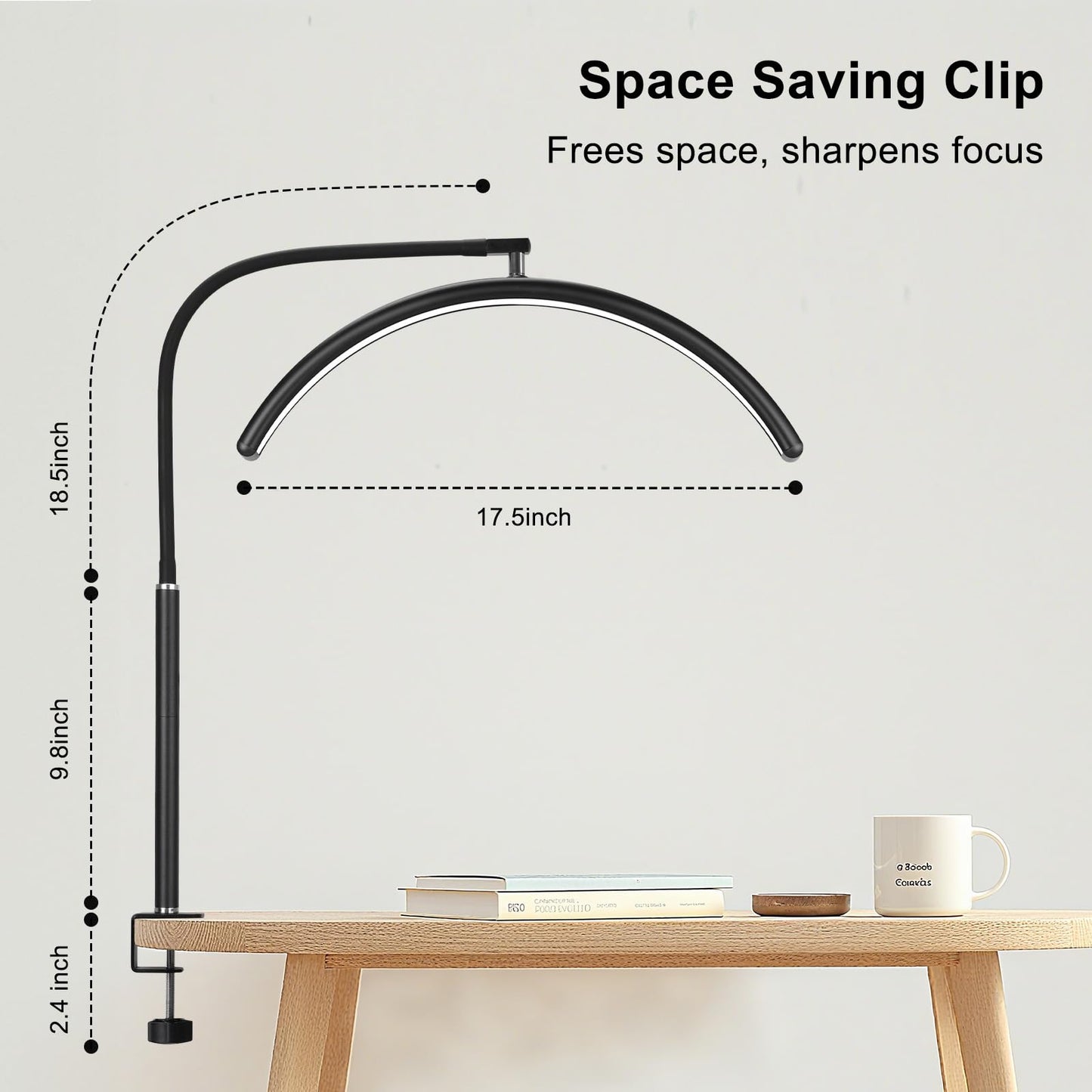 ZEKAHOV Professional Half Moon LED Desk Light for Nail Techs & Artists – Flexible Gooseneck Arch Table Lamp with Clamp, 5 Color Modes & 5 Brightness Levels for Manicure, Tattoo, Beauty Work