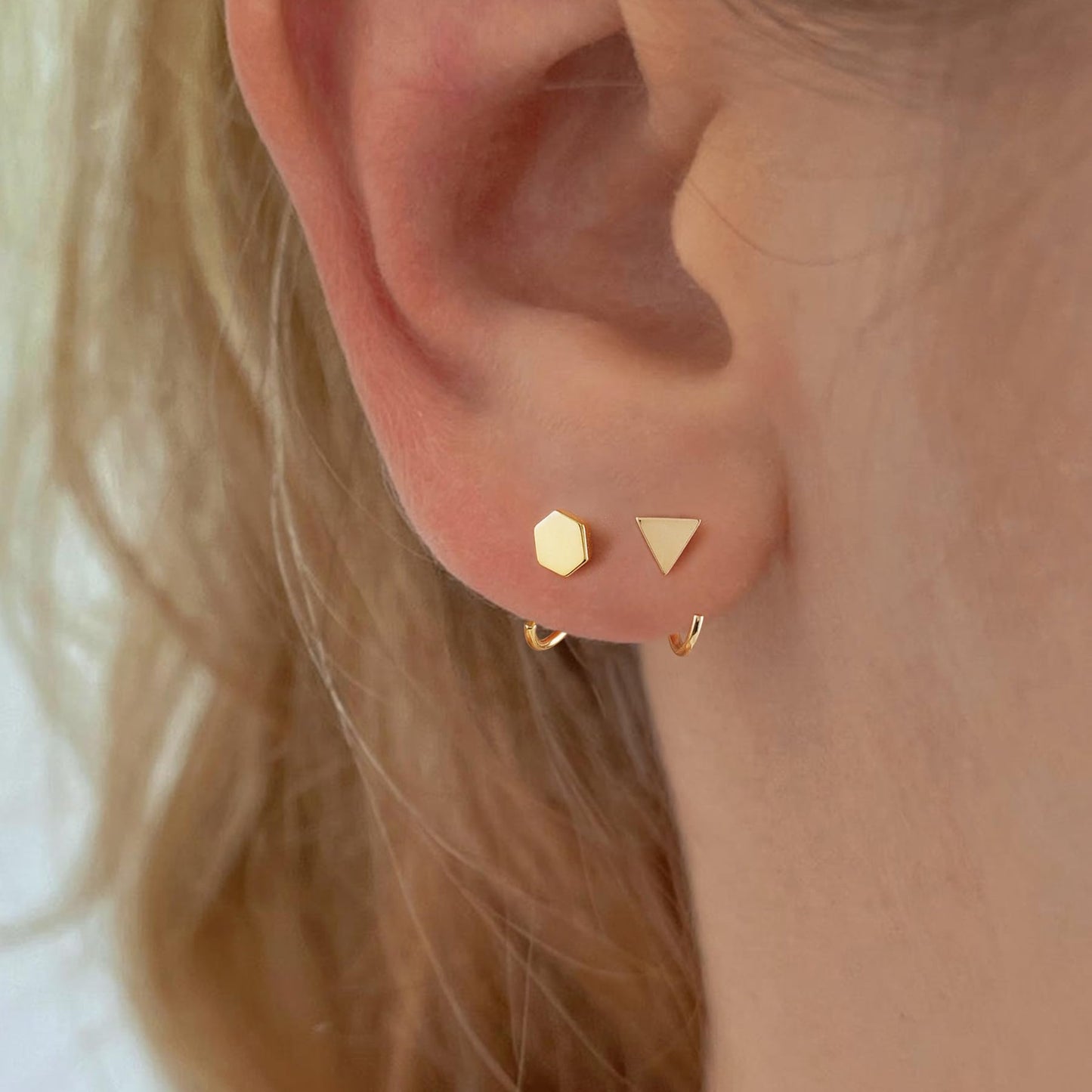Huggie Hoop Earrings 18K Gold Plated 925 Sterling Silver Triangle Dot Open Hoop Earrings for Women Small Hug Hoops Huggy Hoop Earrings Set 2 Pairs