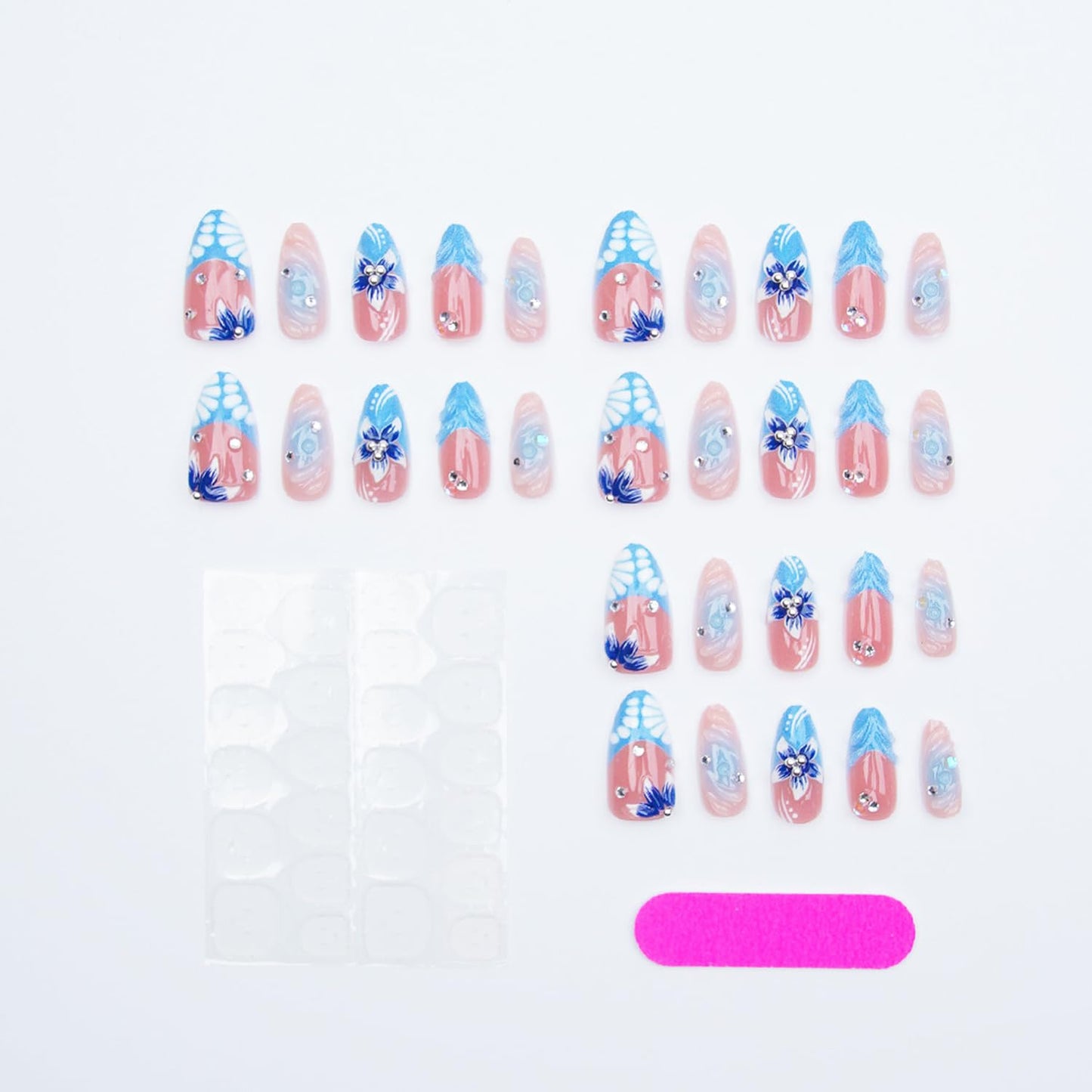 Nude Blue Ocean Press on Nails, Medium Almond Handmade 3D Flower Fake Nails with Rhinestone Designs,Glossy Reusable False Nails with Glue Tabs for Summer Vacation 30Pcs Nail Kit for Women
