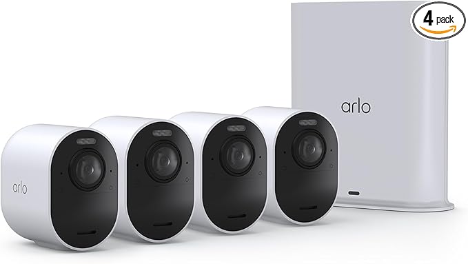 Arlo Ultra Security Outdoor Camera 4K HDR (3rd Gen, 2025 Release) + SmartHub, Battery Power, Emergency Response, AI Event Captions, 1-Month Trial of Secure Plan, 180° Field of View, 4 Cam, White
