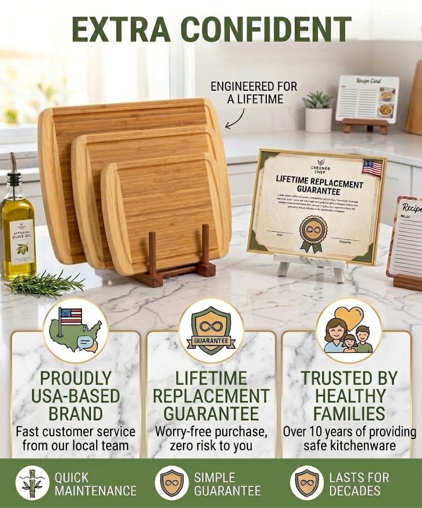 Greener Chef Luxury XL Bamboo Cutting Board Set of 3 with Vertical Grain Strength Technology - Extra Large Wood Cutting Boards for Kitchen and Lightweight Chopping Board Set - Replacements for Life