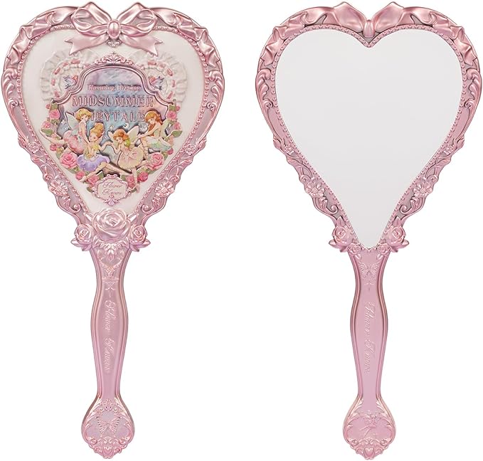 Flower Knows Midsummer Fairytales Hand Mirror,Vintage Heart Handheld Mirror,Fancy & Pretty Princess Handheld Mirror with Long Handle,Gift for Girls & Women(White Vanilla)