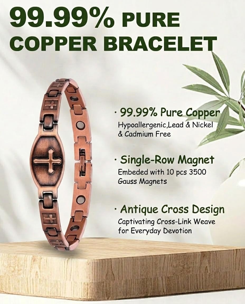 MagEnergy Copper Magnetic Bracelet for Women, Cross Copper Braceletwith 3500 Gauss Magnets, Christian, Adjustable (Sizing Tool)
