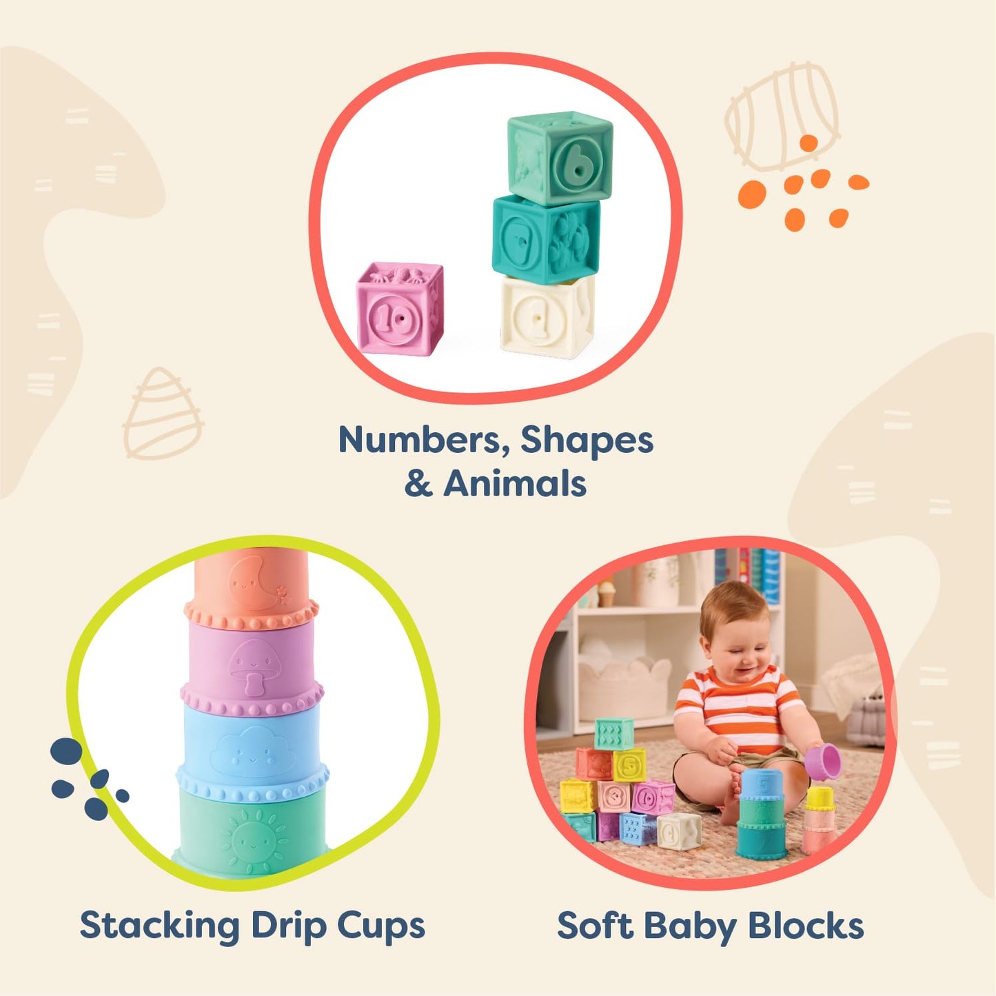 B. toys – Sensory Baby Toys – Soft Baby Blocks – Stacking Drip Cups – Numbers, Shapes & Animals – 6+ Months – Stackin' Squishies