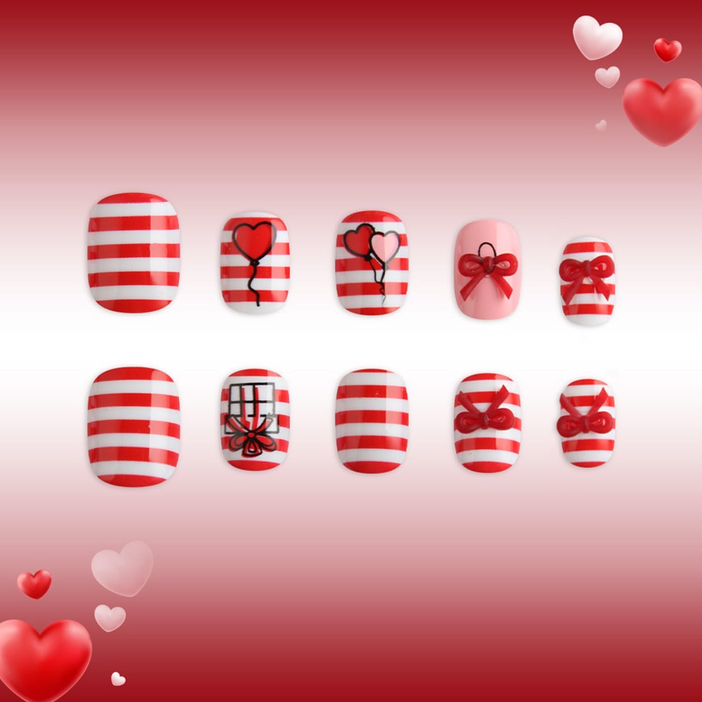 CJDLTS Valentines Press on Nails Short Square Artificial Acrylic Fake Nails Red Pink Love Balloon with Red Bow Full Cover Glossy Heart Stick on Nail Artificial Fingernails for Women Festival Manicure