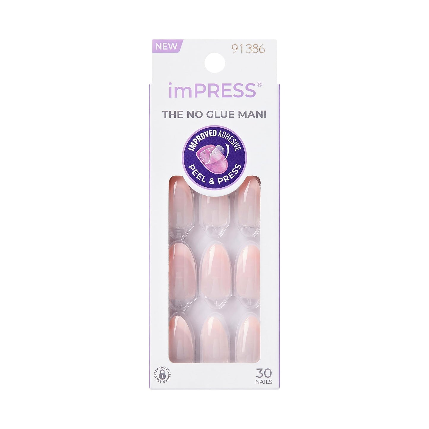 KISS imPRESS No Glue Mani 30 Pcs Press On Nails, Easy Apply, Hassel-Free Removal, Simple Peel & Press, Essential Tools Included, Prep Pad, Instructions Sheet, 1 Manicure Stick, 1 Mini File (Ace)