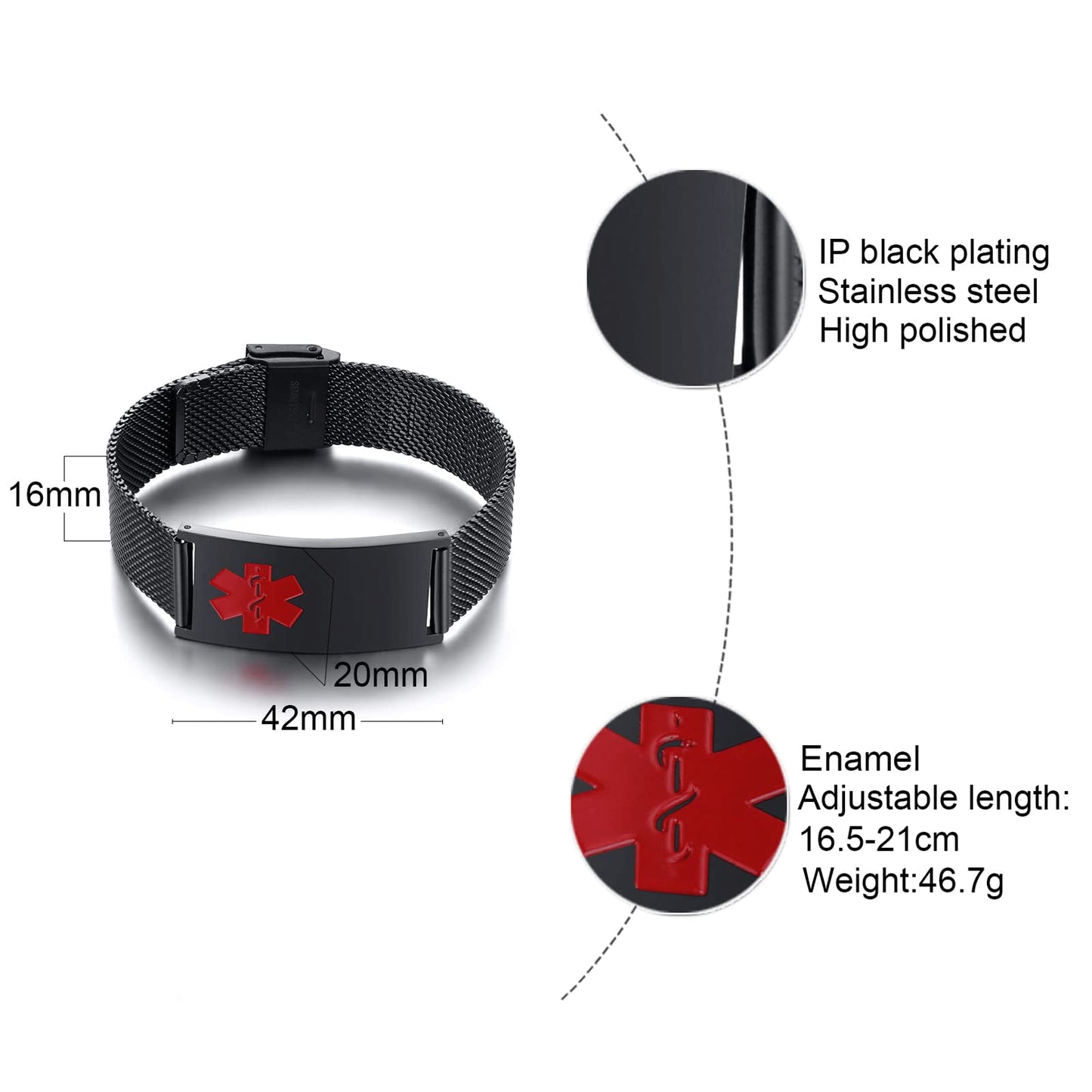VNOX Width Medical Alert Bracelets for Men with Free Engraving Adjustable Stainless Steel Mesh Emergency Medical ID Bracelets Wristband,Black