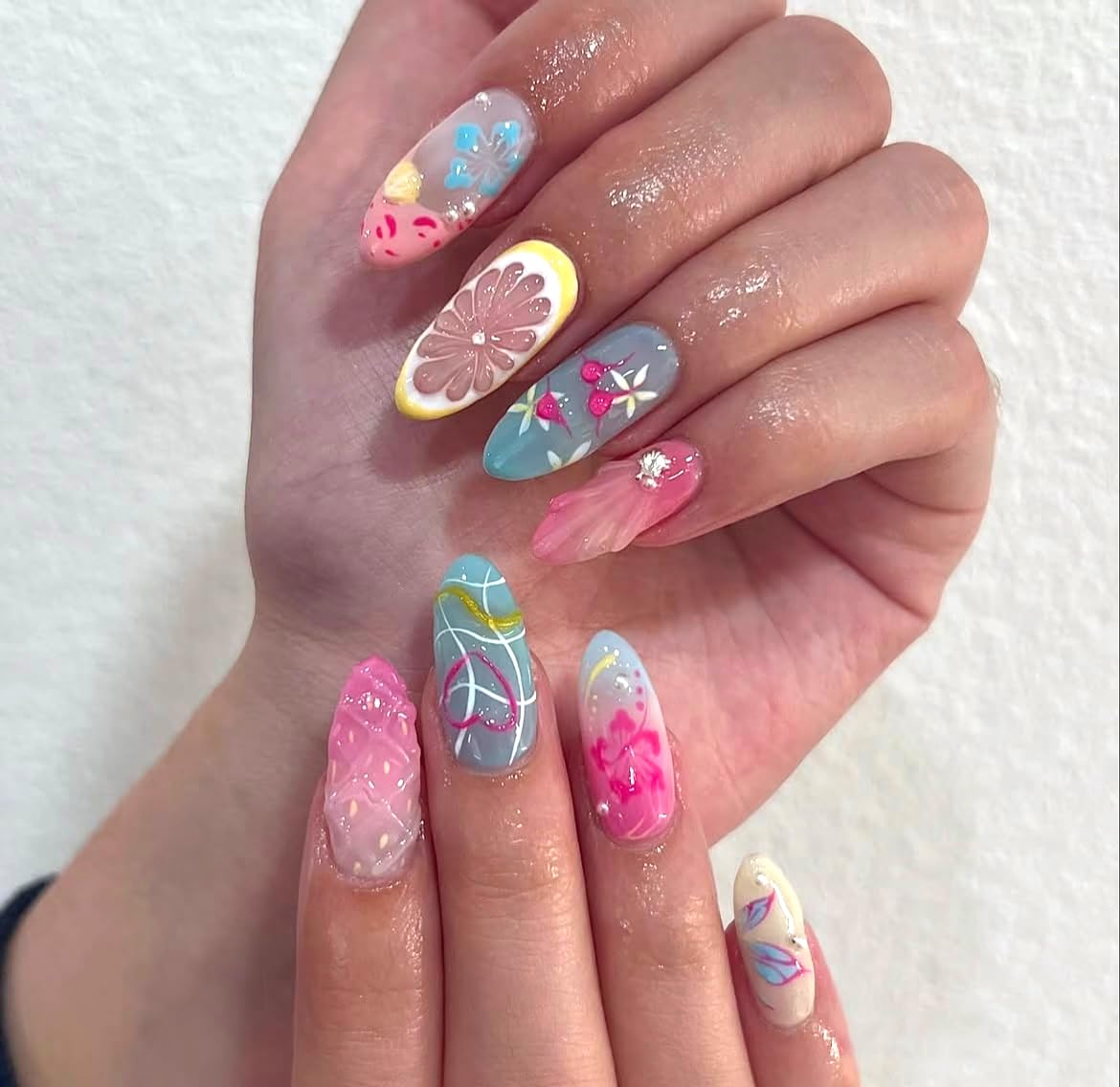 4 Packs Flower Press on Nails 114 Pcs Short Almond Spring Fake Nails with Designs Medium Almond Colorful 3D False Nails Flower Butterfly Spring Summer for Women