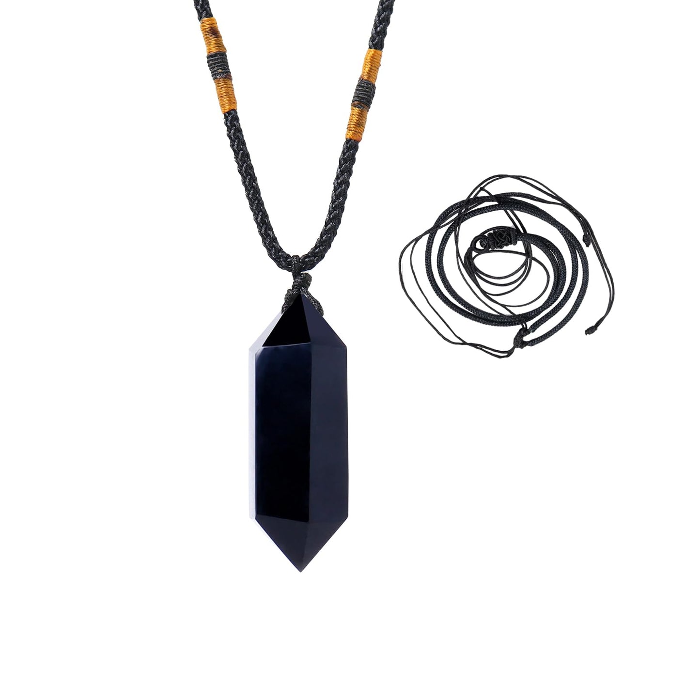 Runyangshi Black Obsidian Healing Crystal Pendants, Double Pointed Natural Crystal Quartz Necklace 6 Faceted Chakra Crystal Wand Stone