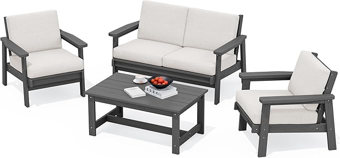SERWALL HDPE Outdoor Furniture Set 4, All Weather Wood-Like Outdoor Sofa Sectional Couch, Grey Patio Furniture Set with Khaki Cushions
