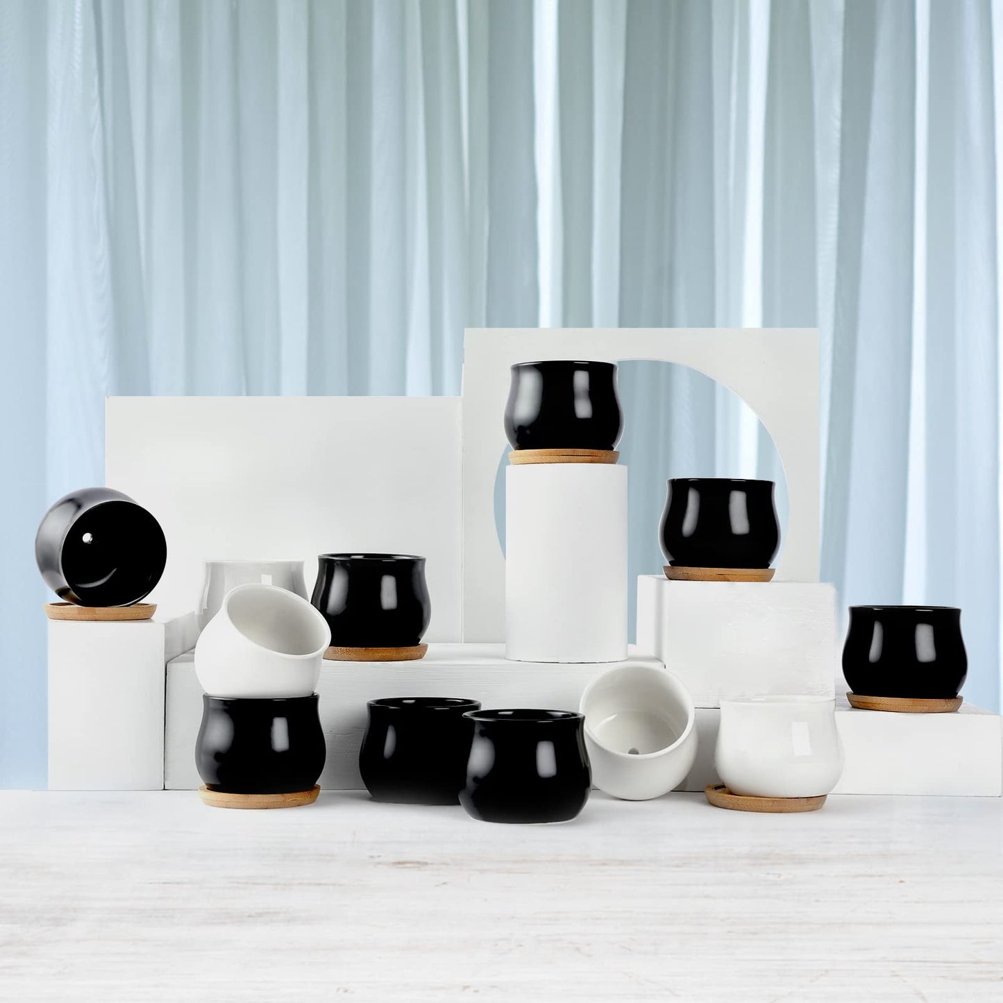 SHECIPIN 8 Pack Succulent Plant Pot, Matte Black Mini 2.6 inch Ceramic Flower Planter Pot with Bamboo Tray, Small Pots for Plants, Plants Not Included