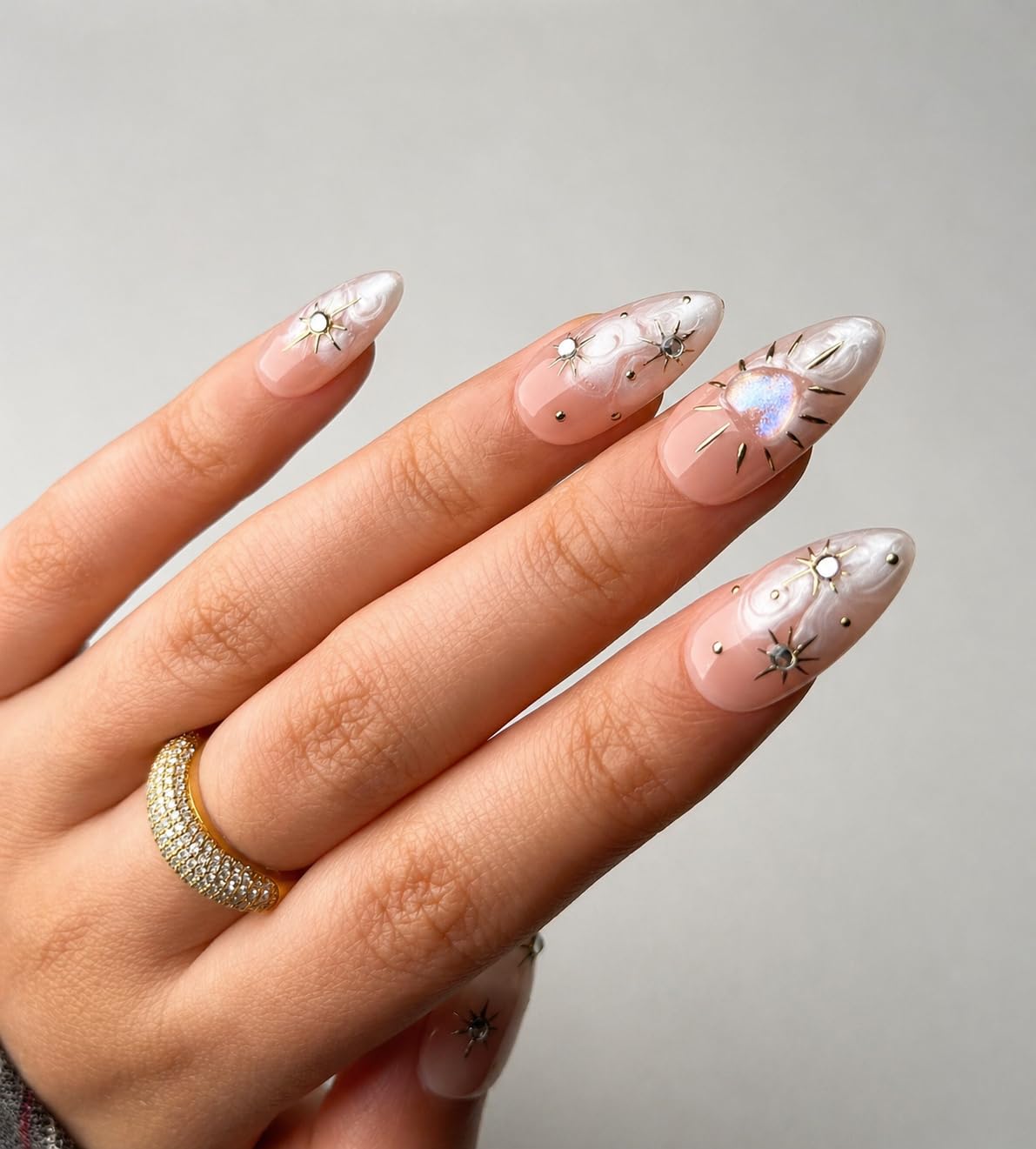 ECLALE Press on Nails Almond Shape, Rendering Painting Design 3D Sun & Star Design with Glittery Heart, Long Lasting, Safe Material Reusable Artificial Almond False Nails for Women 10PCS (S)