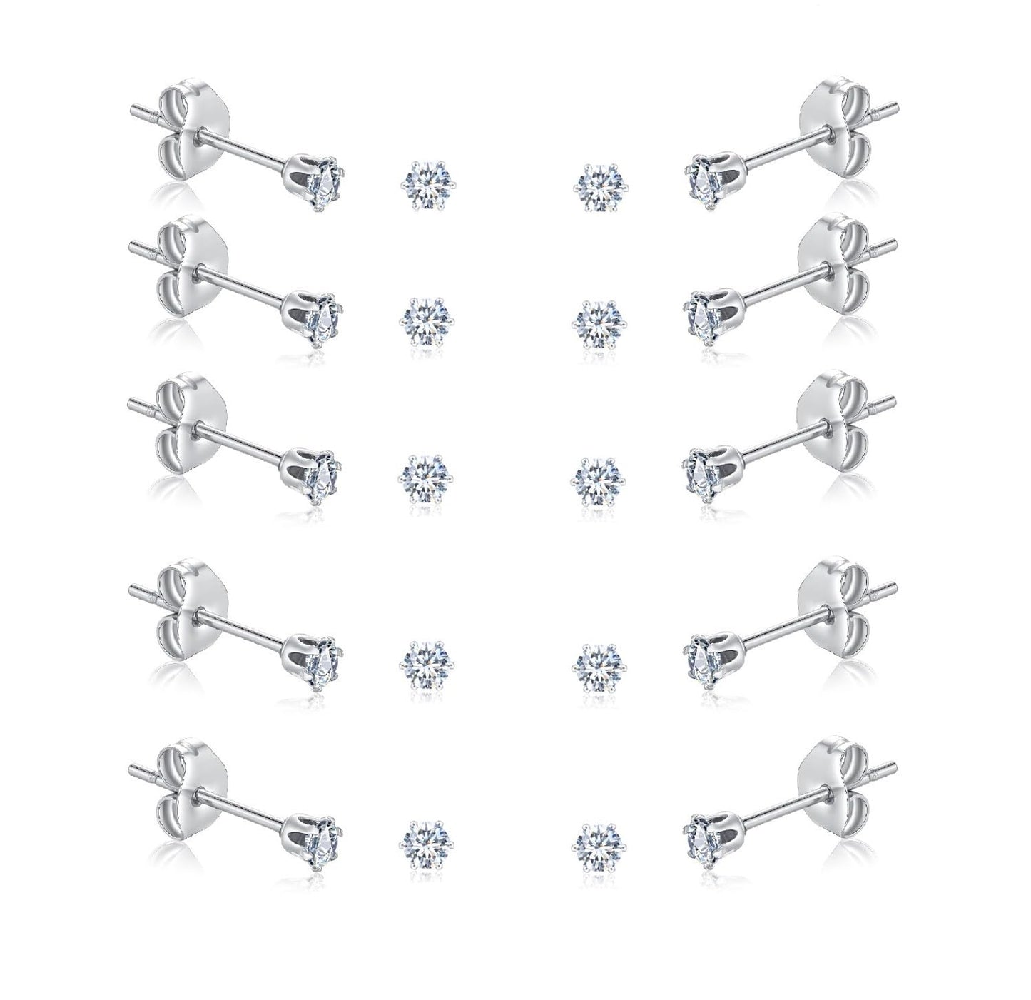 FOSIR 10 Pairs 3mm Tiny Women's Surgical Stainless Steel Clear Cubic Zirconia Stud Earrings, Hypoallergenic 316L Earrings Pack