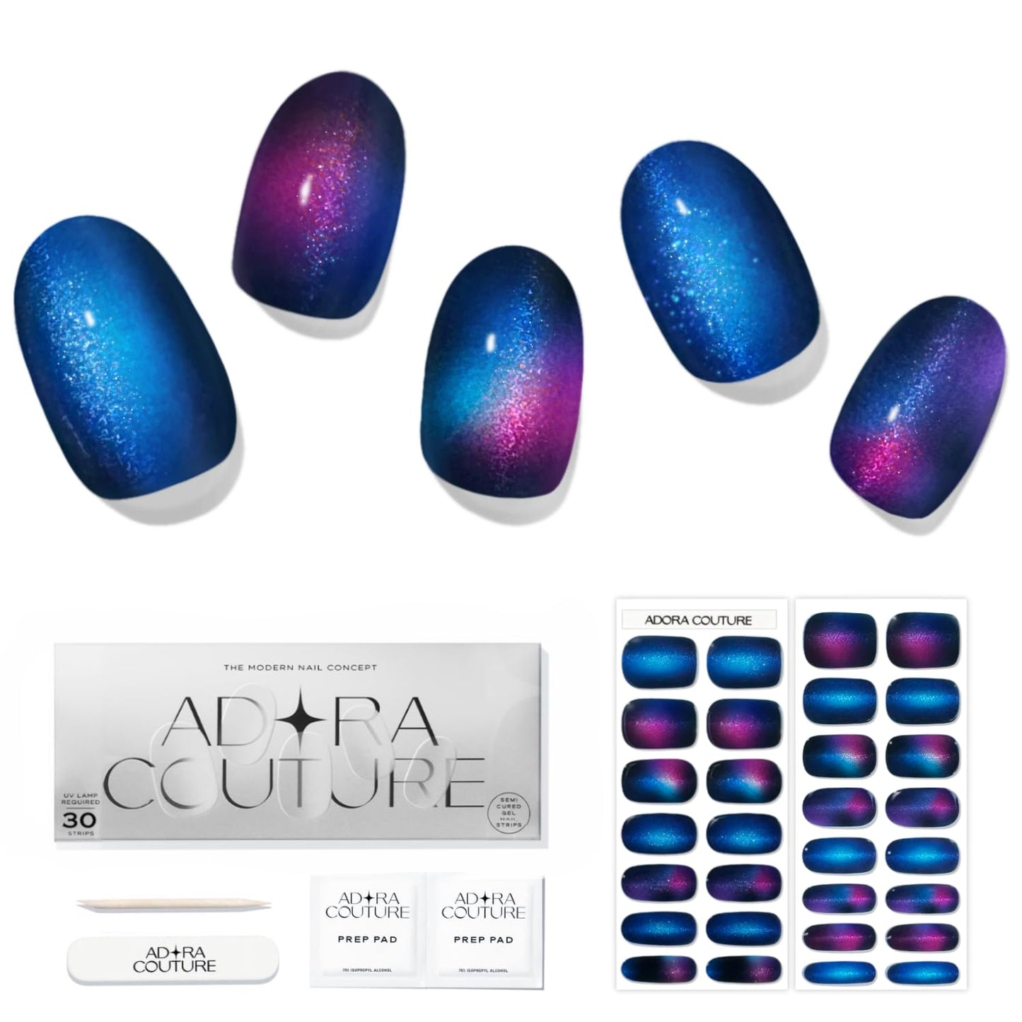 Semi Cured Gel Nail Strips with 30 Pieces – UV Gel Nail Stickers & Nail Wraps, Complete Manicure Kit Includes Prep Pads, Nail File and Wooden Stick, Easy Application, UV Light Required (Constellation)