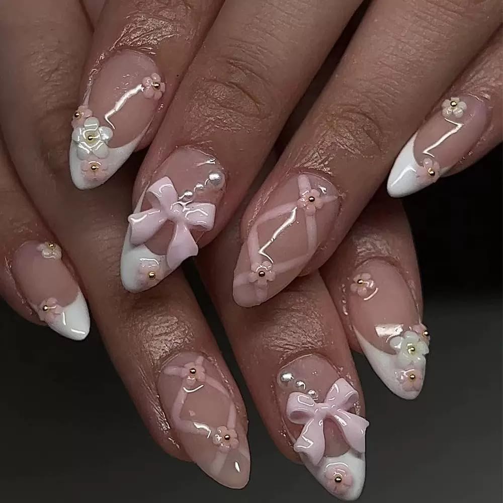 Almond Press on Nails Medium - White French Tip Fake Nails with Flower Bow Charms Design - Cute False Nails for Women 24 Pcs
