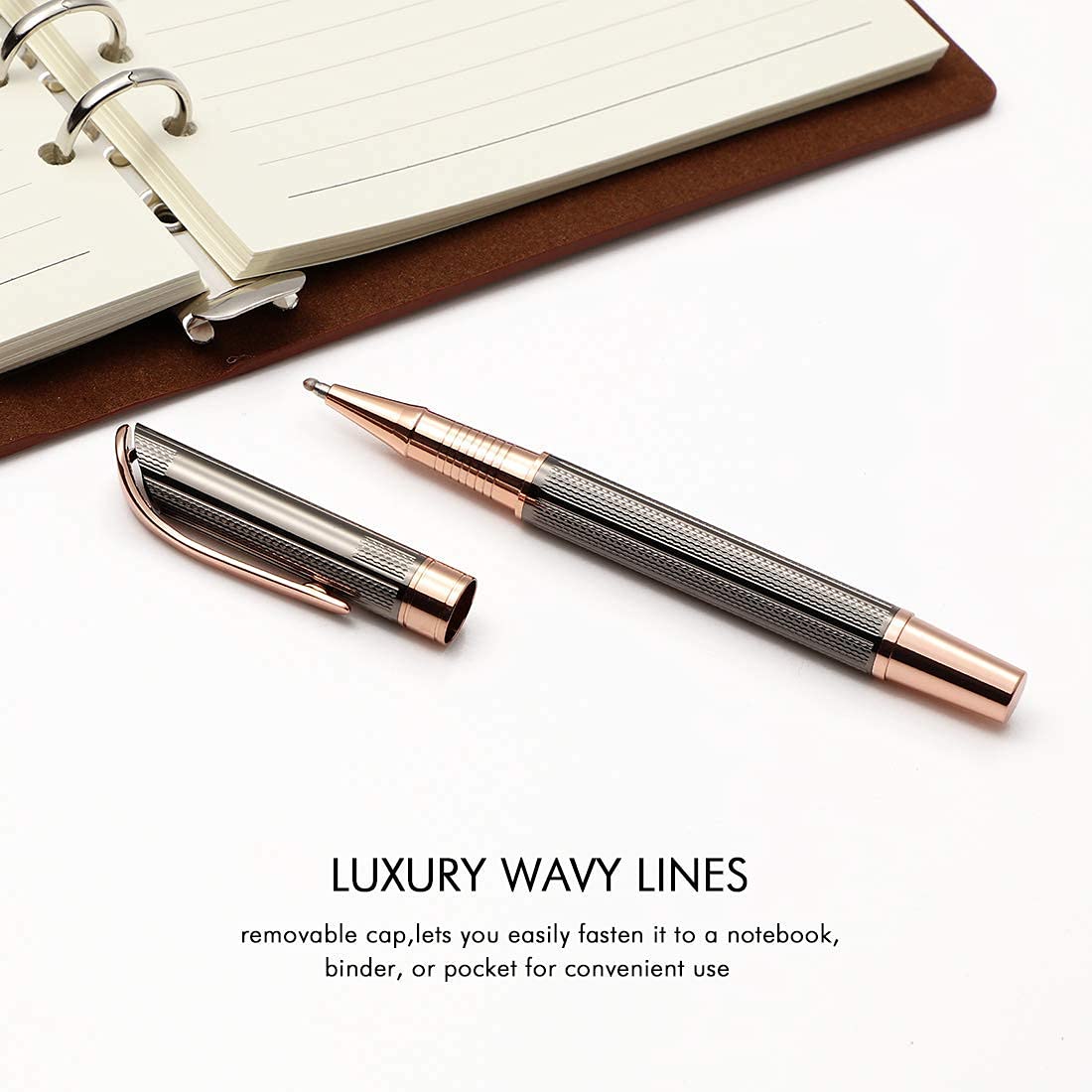 SHALORY Ballpoint and Rollerball Pen Set, Stylish Line Engraved Metal Pen Elegant Smooth Writing Gift Pen (2 Pens with 2 Extra Refills)