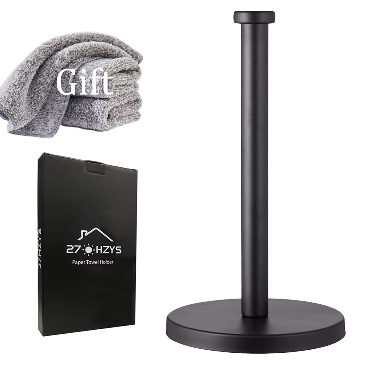 Black Standing Paper Towel Holder for Kitchen& Bathroom Countertop,Under Counter, Table Or BBQ, Standard or Jumbo-Sized Roll Paper (with Stainless Steel Base)
