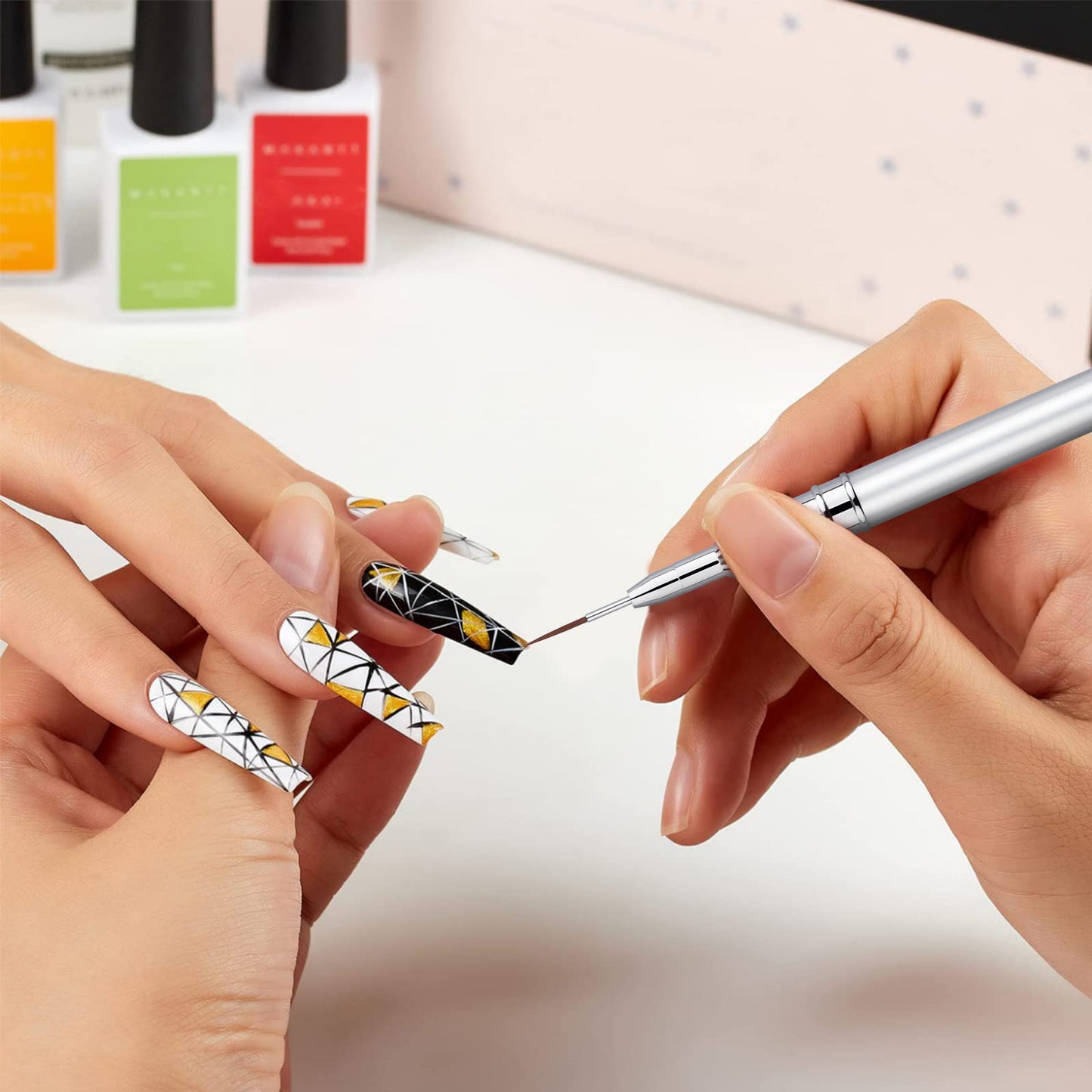 Eptbsdu 5PC Nail Art Brush Set - Long Lines, Liner, UV Gel Polish, Metal Handle, Sizes 7/9/11/15/25mm