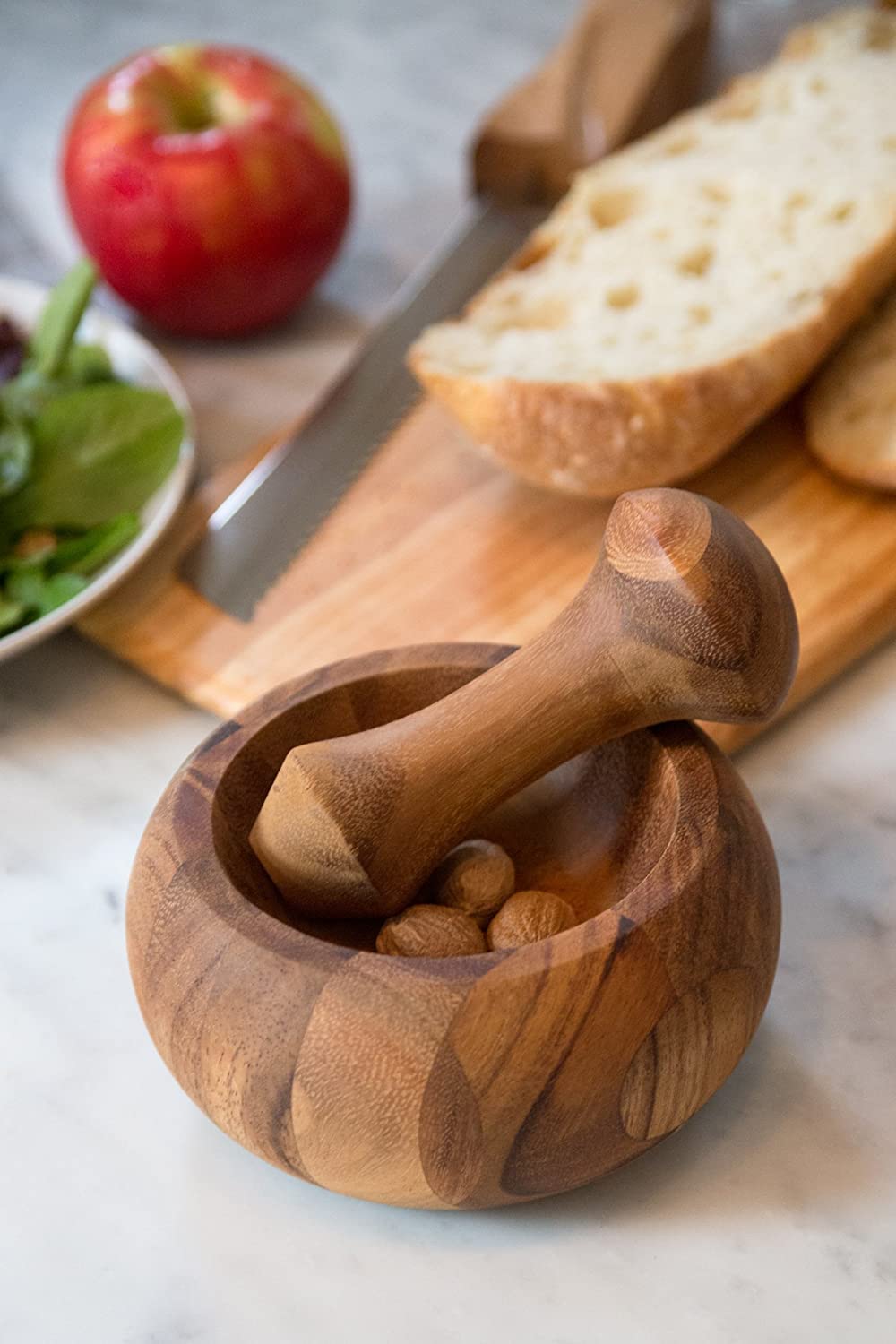 IBLAY Mortar and Pestle, Acacia Wood Herb Spice Masher Mortar,Pestle Grinder/Chopper for Herbs, for Garlic Press, Coffee Grinder, Ginger Crusher, Spice Grinding, Spices and Kitchen Usage