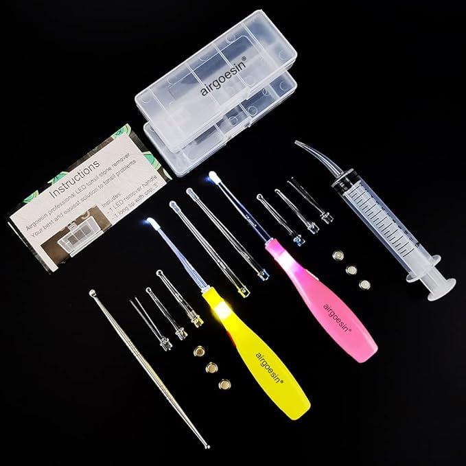 Airgoesin™ 6.75 inch Tonsil Stone Remover LED Tool Kit - 2 Sets, Oral Irrigation Syringe & Stainless Steel Pick, Tonsil Stone Removal Kit for Breath Freshening
