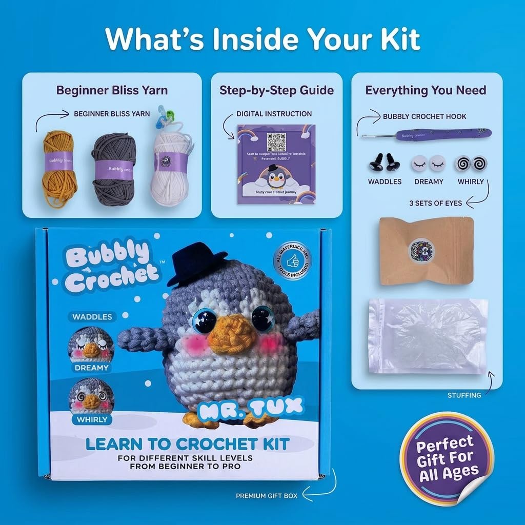 Bubbly Crochet Mr. Tux the Penguin Crochet Kit for Beginners – DIY Penguin Plush with Customizable Eyes & Hat, Step-by-Step Video Tutorials & All-in-One Tools – Amigurumi Craft Kit and Easy Arts