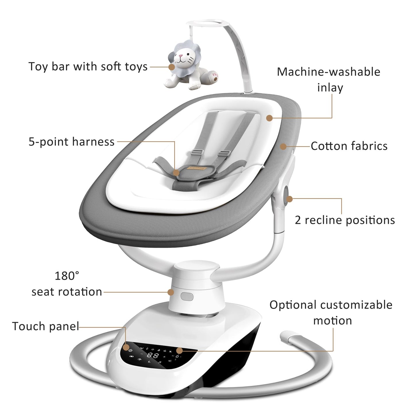Angelbliss Baby Swing with Custom Motion, 3D-Motion Electric Swing with 6 Unique Motions & 4-Speeds, Bluetooth Enabled, 13 Preset Lullabies (Grey)
