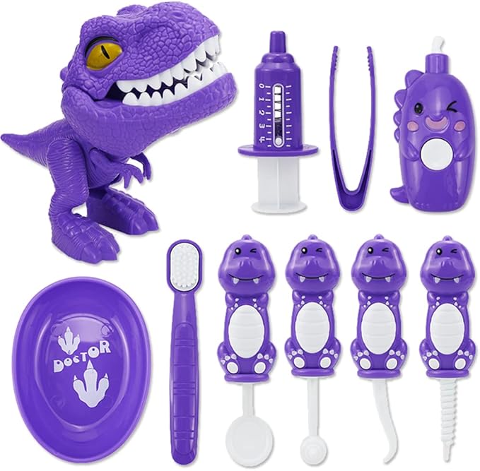 Bundle 19PCS = 9PCS Plastic Simulation Dentist Play Set （Pink） + 10PCS Plastic Dinosaur Simulation Dentist Play Set (Purple)