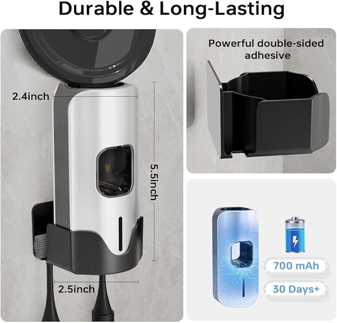 Automatic Toothpaste Dispenser Wall Mounted - Hands-Free Toothpaste Squeezer with 3 Speed Settings, 2 Toothbrush Holders & Strong Adhesive - Smart Bathroom Organizer for Kids and Adults