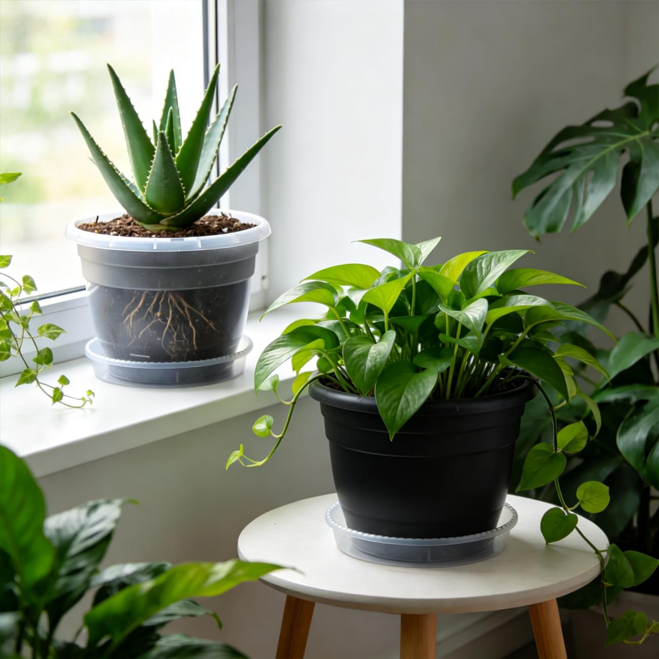 RooTrimmer 8 Inch Black Plastic Plant Pots Set of 10 with Clear Saucers – Durable Flower Pots with Drainage Holes for Indoor & Outdoor Plants