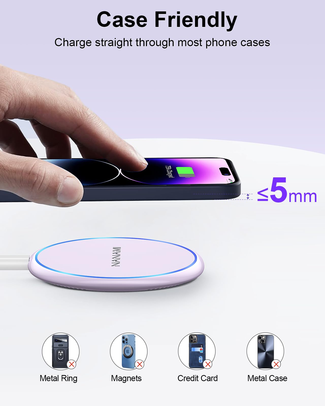 NANAMI 10W Max Wireless Charger Pad, Fast Charging Compatible with iPhone 17/16/15/14/13/12/11/SE Series, Samsung Galaxy S26/S25/S24/S23/S22/S21/S20, AirPods 2/3 - Adapter Required (Sold Separately)