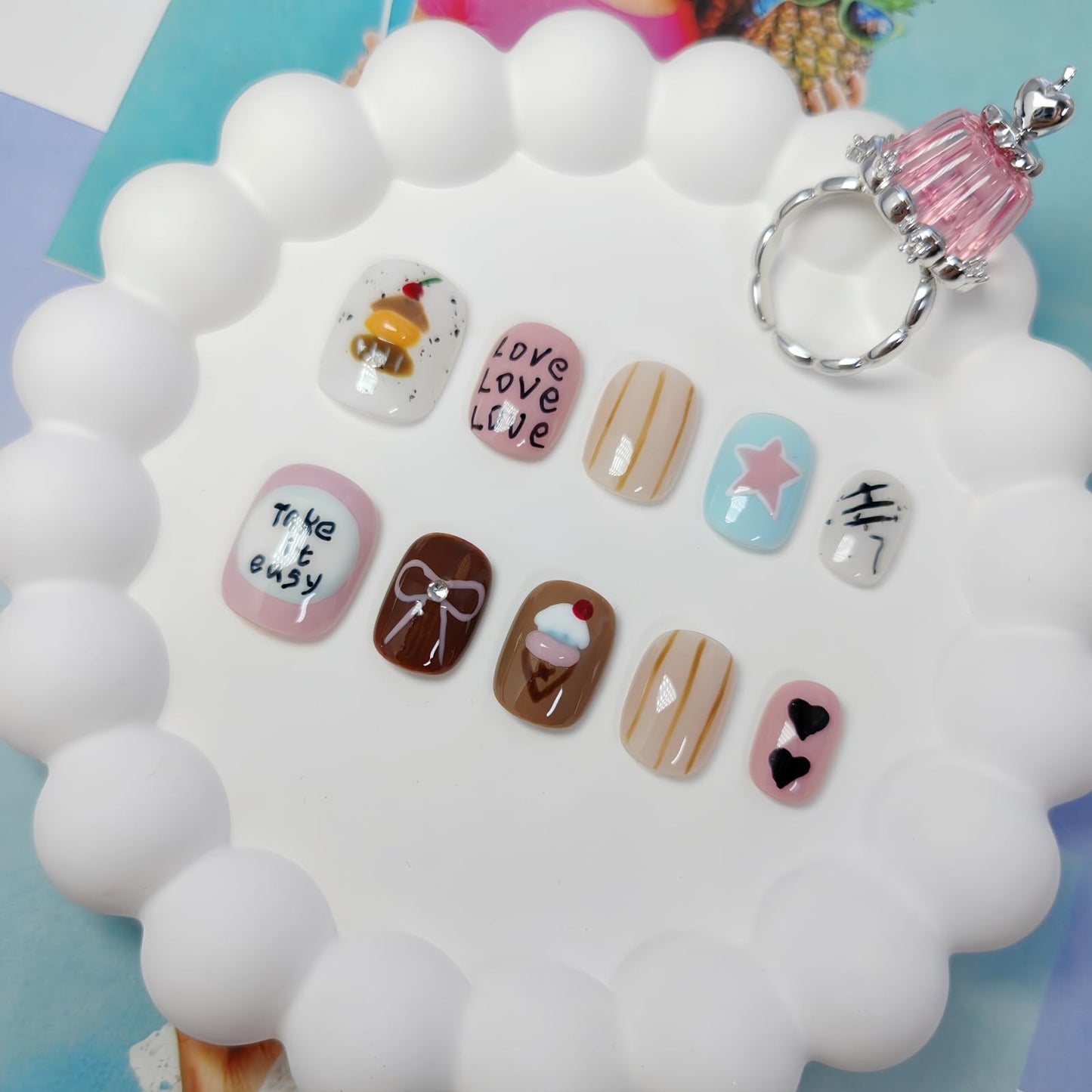 Extra Short Press on Nails Squoval False Nails Handmade with 3D Designs/Charms, Cute Reusable Fake Stick on Tips (Multi#X-Small)